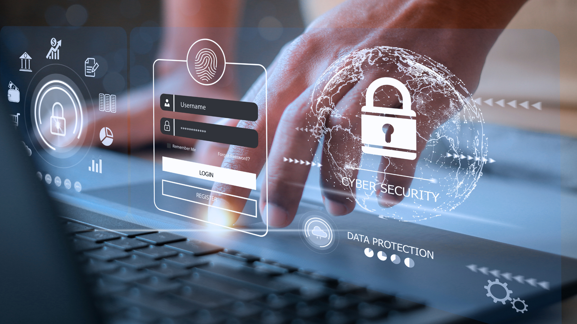 Close-up of a hand typing on a laptop keyboard with overlaid digital security icons