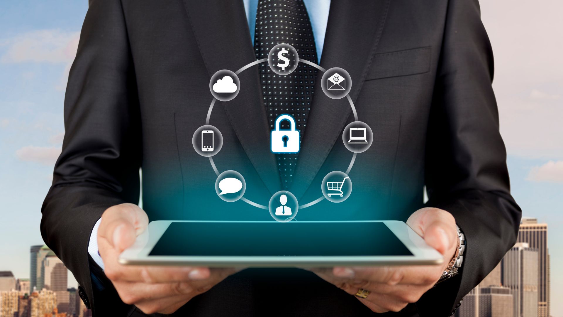 An abstract image of security icons coming from a tablet