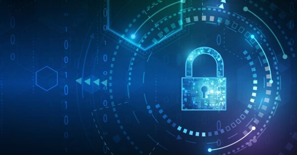 Digital illustration of a padlock surrounded by a circular pattern of binary code and circuit lines