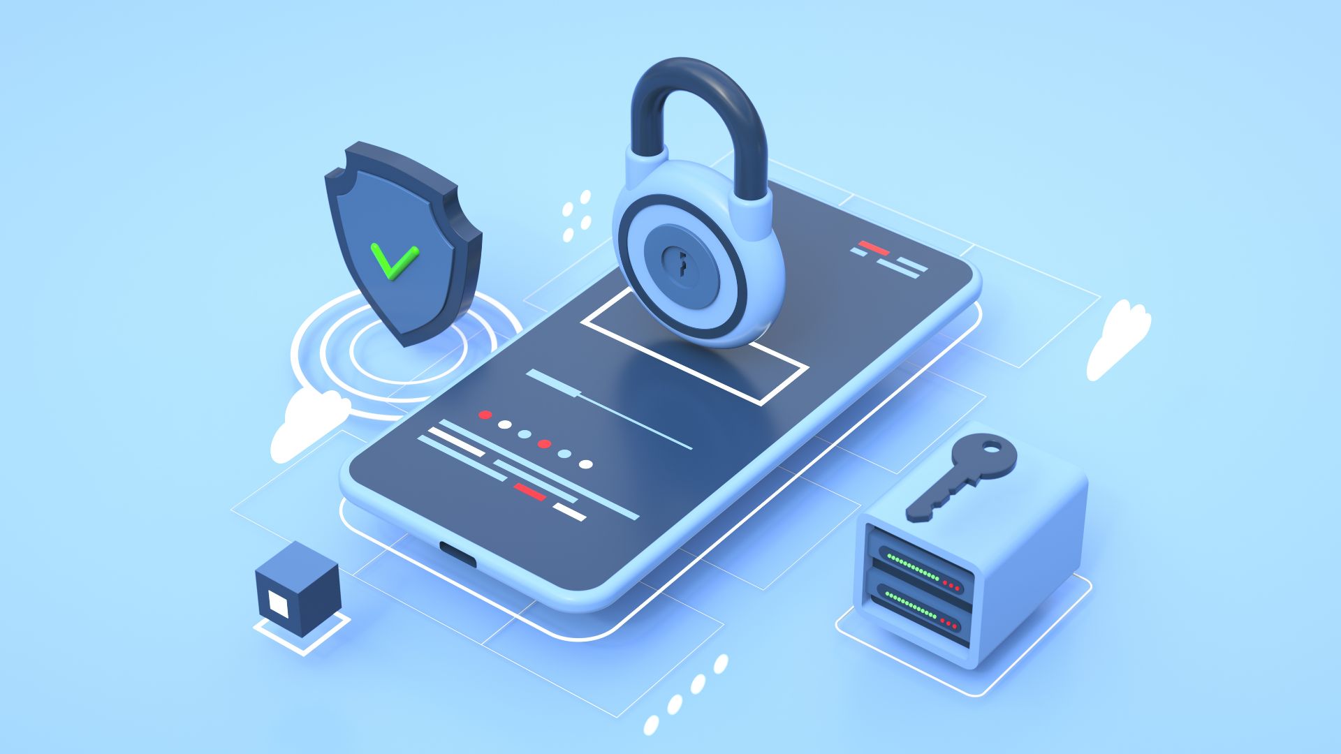 3D illustration of a smartphone with a padlock on top, accompanied by a shield with a checkmark, a key, and a small server