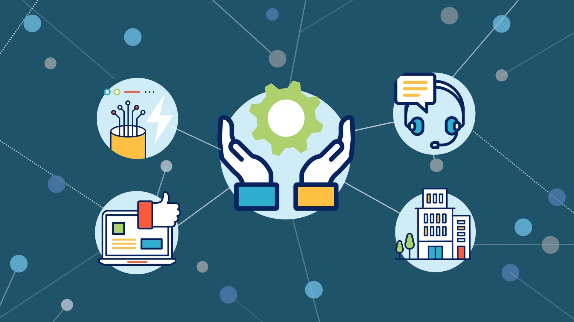 Hand and gear icon connected to other icons via dots