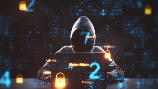 Illustration of a hacker sitting in front of a laptop with digital locks and numbers surrounding them
