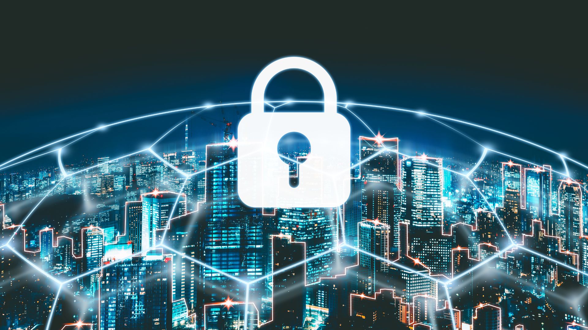 A lock with hexagons spread across a cityscape