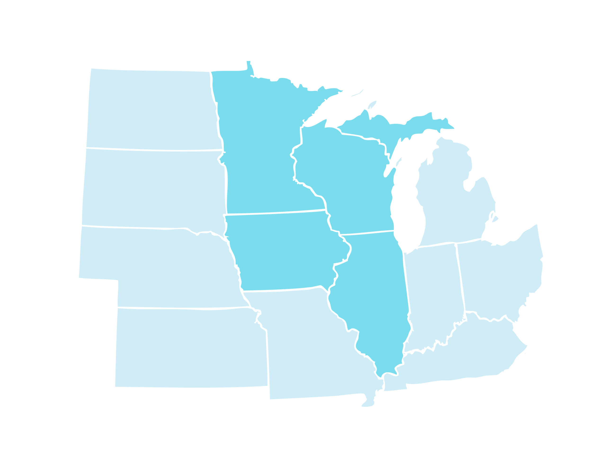 A map of WIN's service area highlighting Wisconsin, Iowa, Minnesota, Illinois and Upper Michigan