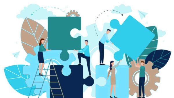 Illustration of a group of people collaboratively assembling large puzzle pieces, with gears and leaves in the background