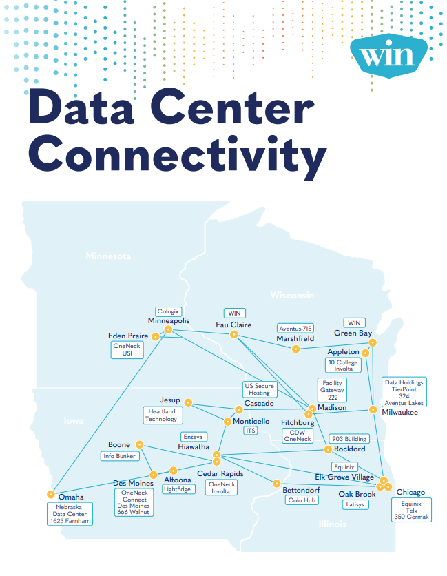 data center map with the locations WIN has data center connectivity 