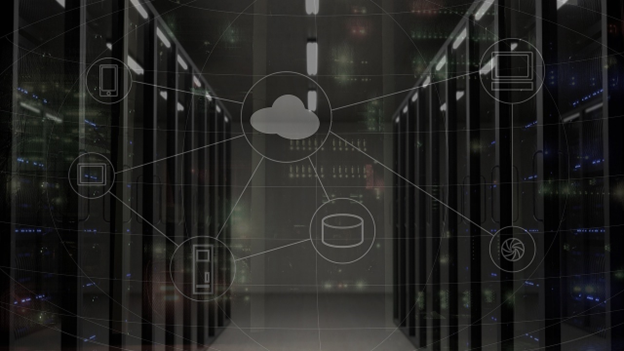 A row of servers in a data center overlaid with a cloud flowchart in the foreground.