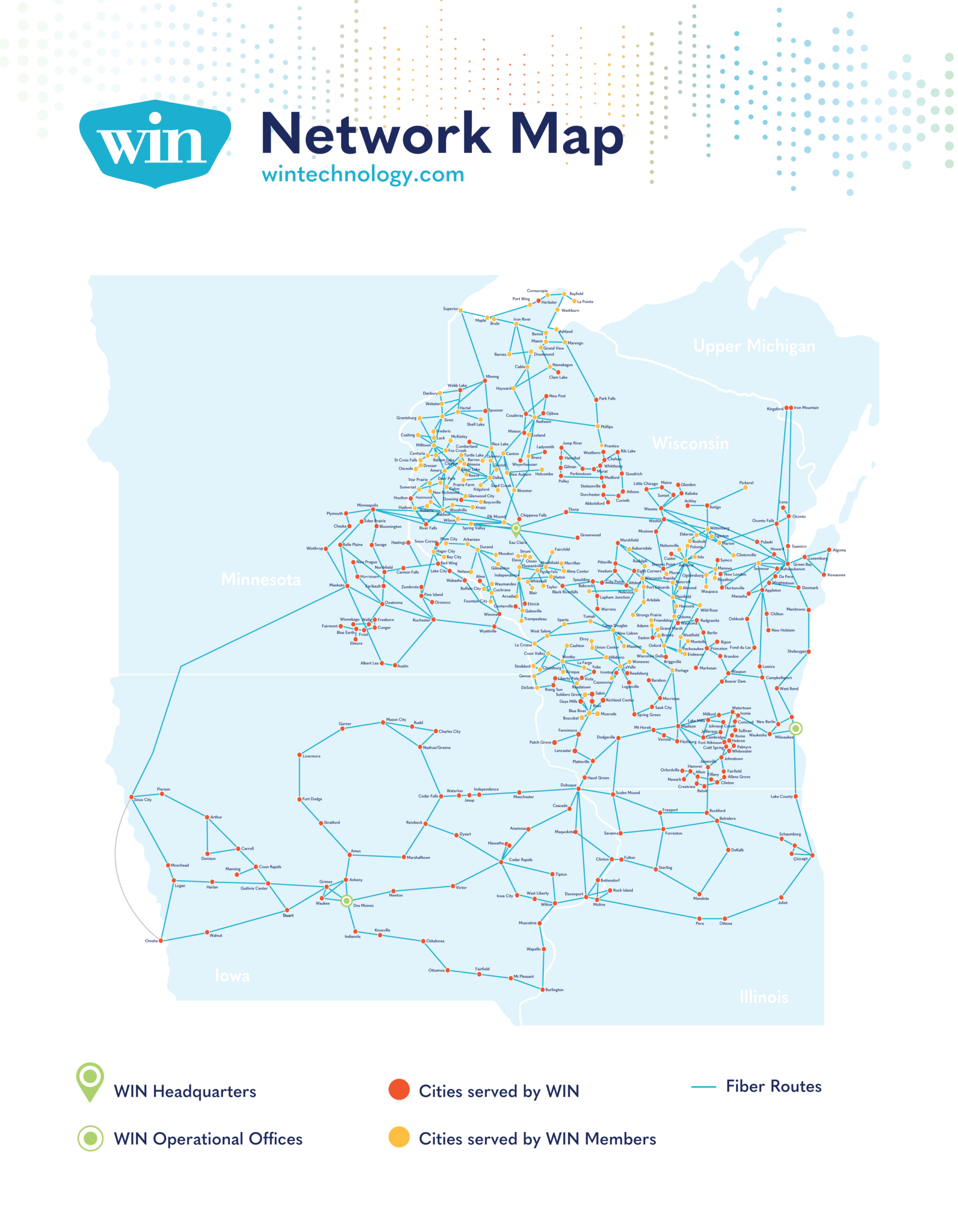 Network map of WIN's Fiber route across the Upper Midwest
